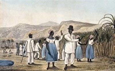 Jamaican sugar plantation with slaves in typical clothing